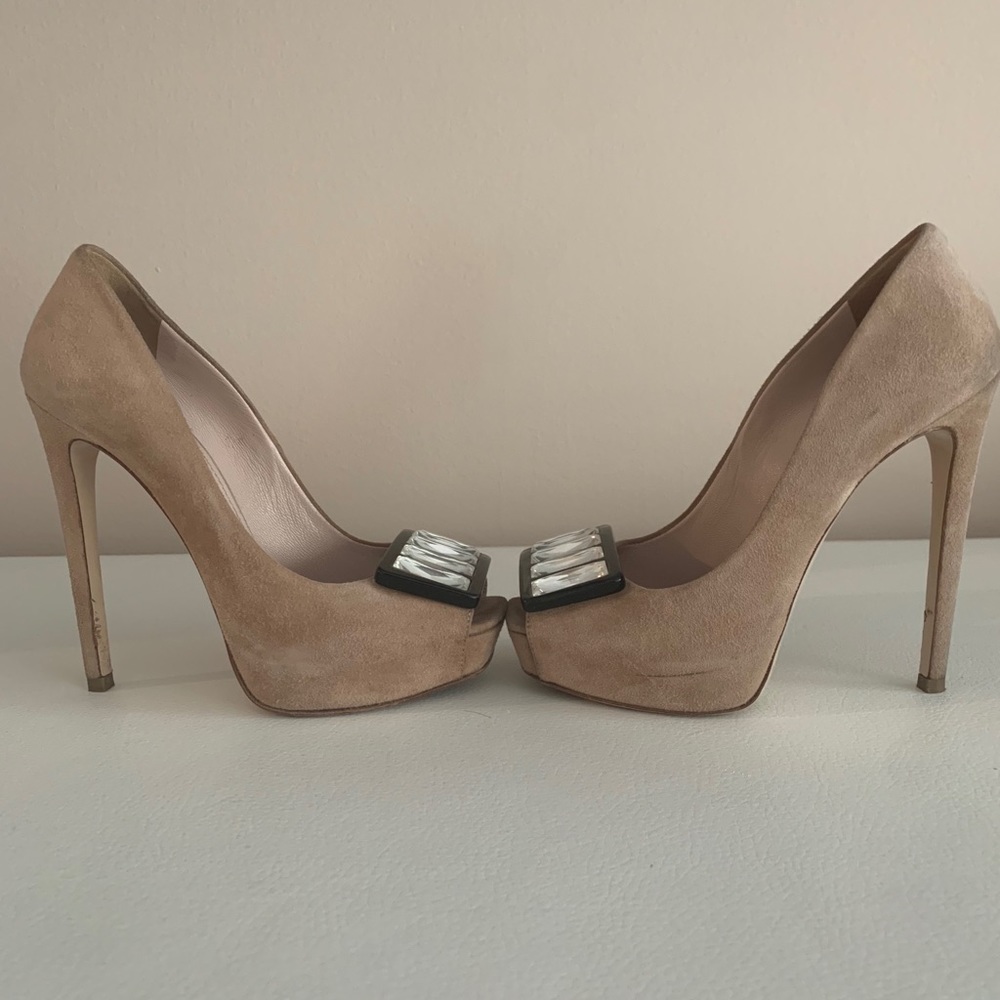 Miu Miu suede jeweled peep toe heel blush